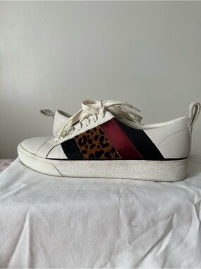 DVF white sneakers with leopard print, black, and burgundy stripes size 7